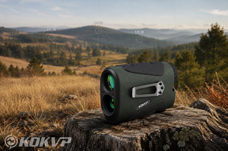 Rangefinder on weathered stump in meadow