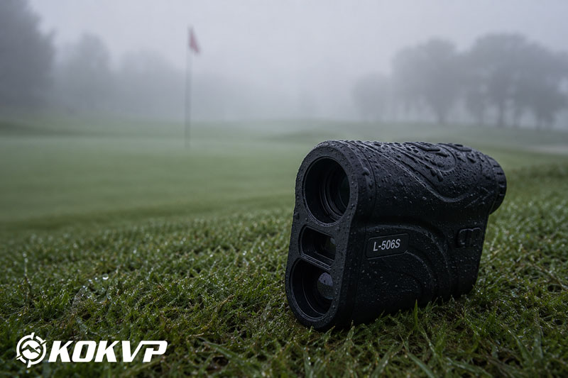 Rainy golf course with rangefinder detail